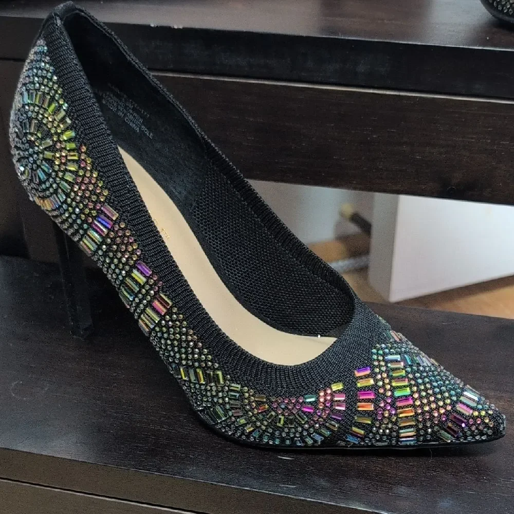 Thalia Sodi Black Stiletto Heels Vibrant Multicolor Rhinestones Size 5.5 NEW
